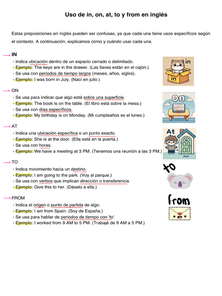 Uso de preposiciones en inglés: in, on, at, to, from | PDF