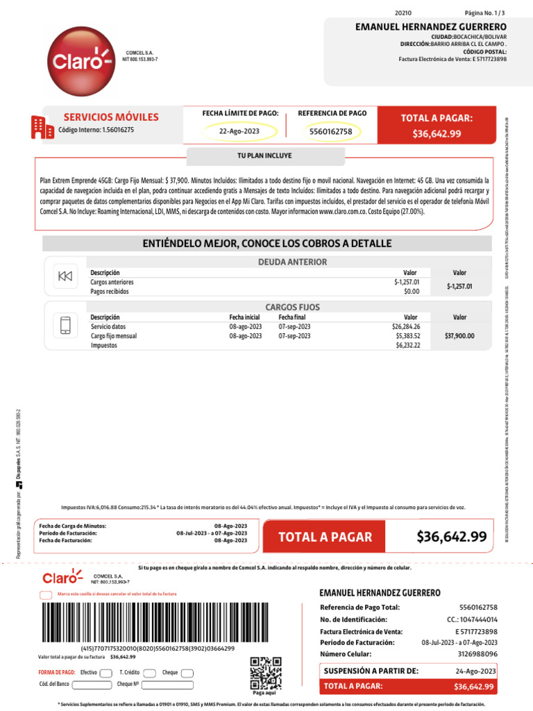 Factura Electrónica Comcel: $36,642.99 | PDF | Telefonía móvil | Factura
