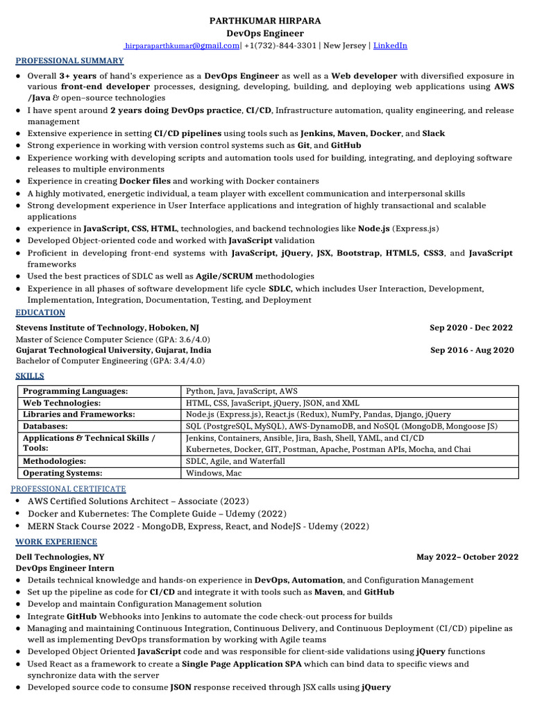 DevOps Engineer Profile: Parthkumar Hirpara | PDF | Java Script | J Query
