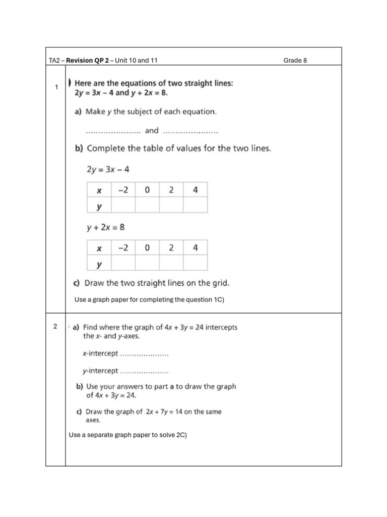 Grade 8 - Unit 10 and 11 - TA2 - Revision QP | PDF
