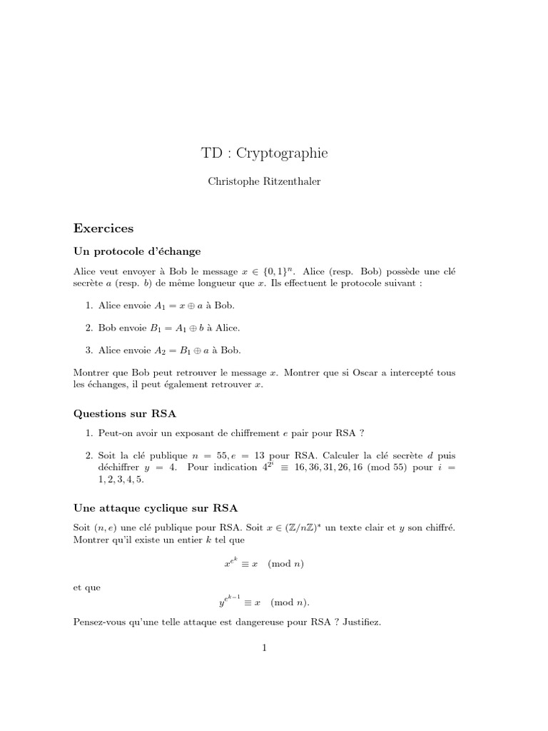 Exercices de Cryptographie et RSA | PDF | Public-key cryptography ...