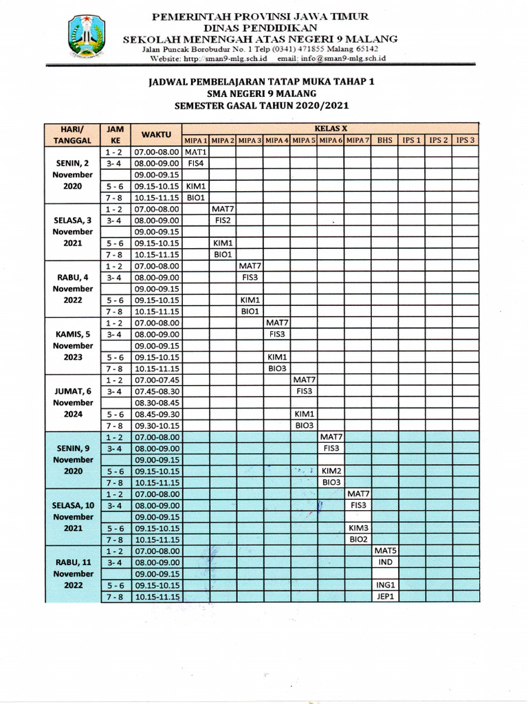 Jadwal Tatap Muka Kelas X | PDF