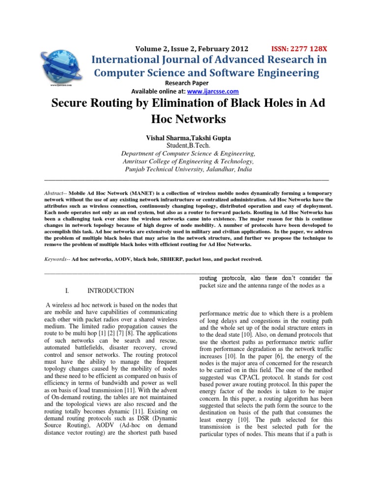 Secure Routing by Elimination of Black Holes in Ad Hoc Networks | PDF ...