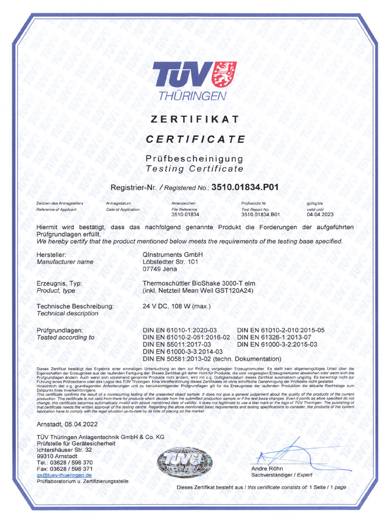 Tuevcert BioShake 3000 T Elm | PDF