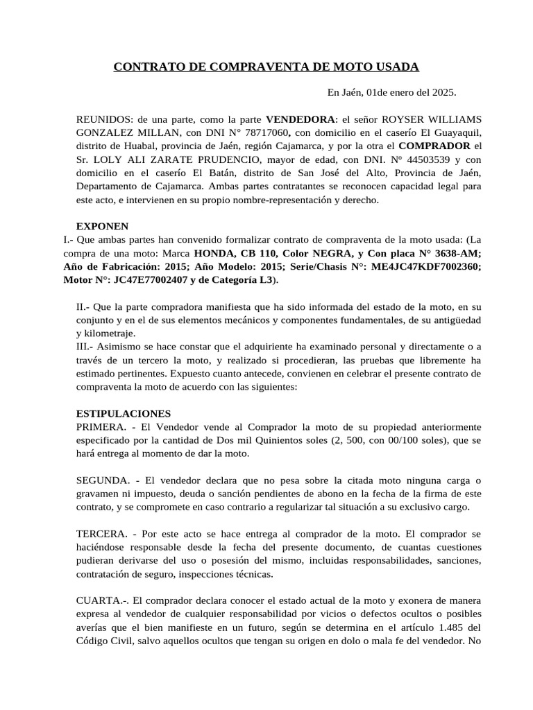 Contrato de Compraventa de Moto Usada | PDF
