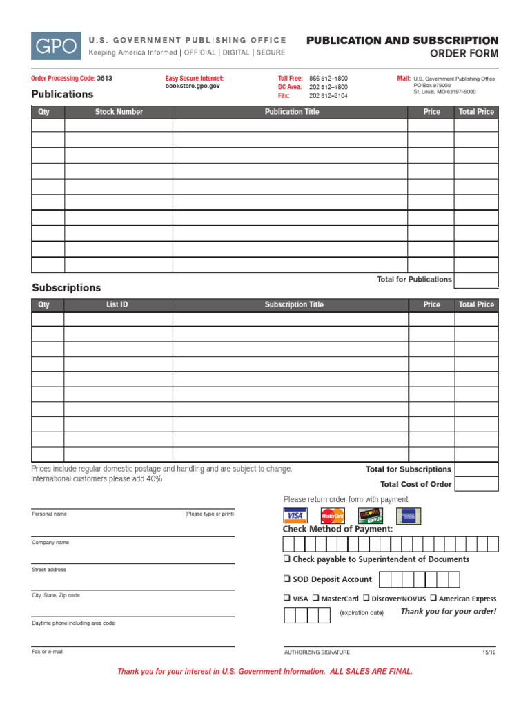 U.S. Government Publication Order Form | PDF | Mail | Subscription ...