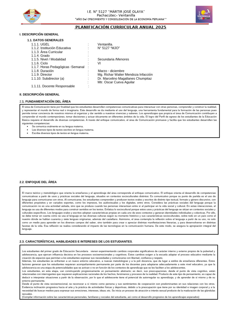 Plan Curricular Anual 2025 - Comunicación | PDF | Enseñando | Aprendizaje