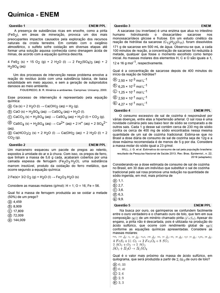 Questões de Química para o ENEM 2023 | PDF | Química | Ácido sulfúrico