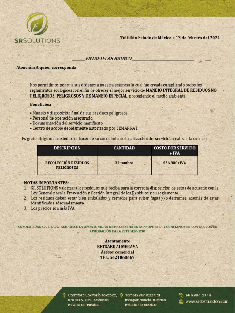Cotizacion Recoleccion Peligrosos Entretelas Brinco | PDF
