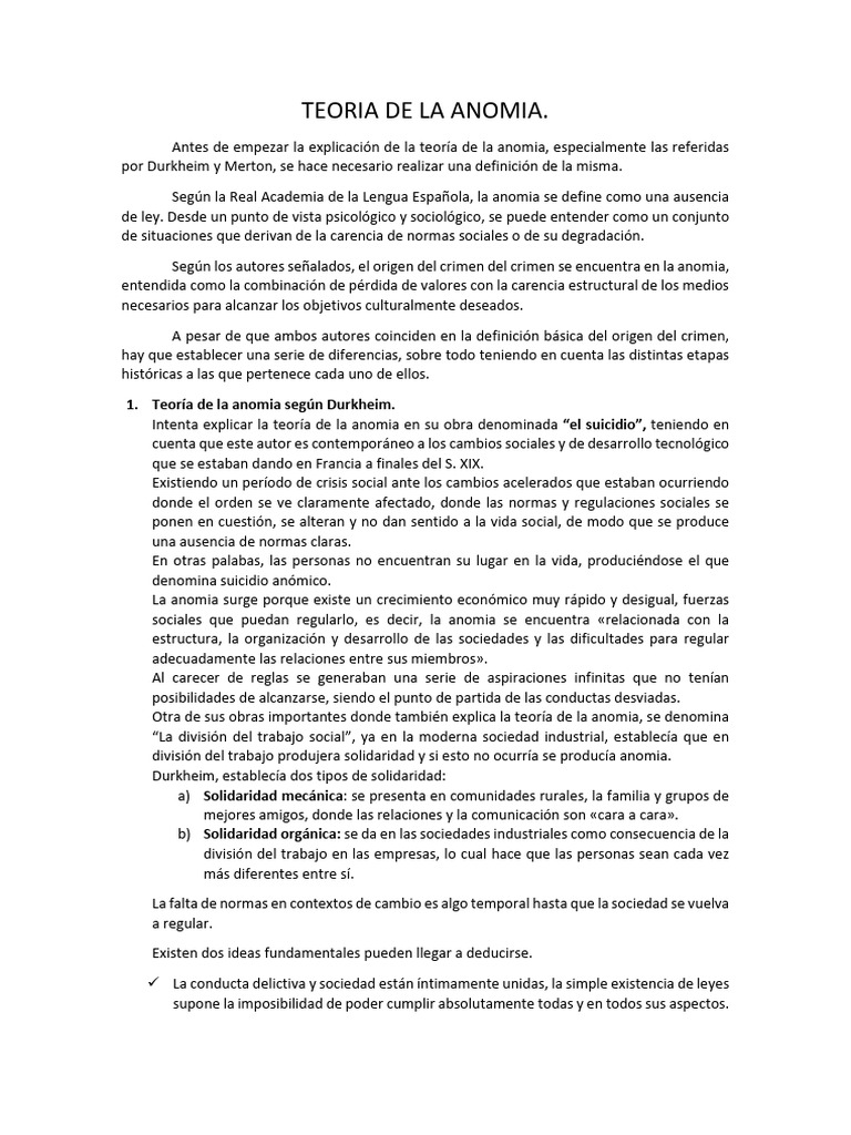 Anomia según Durkheim y Merton | PDF | Emile Durkheim | Teorías ...