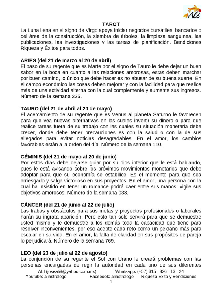 Horóscopo Semanal y Tarot Virgo | PDF | Amor