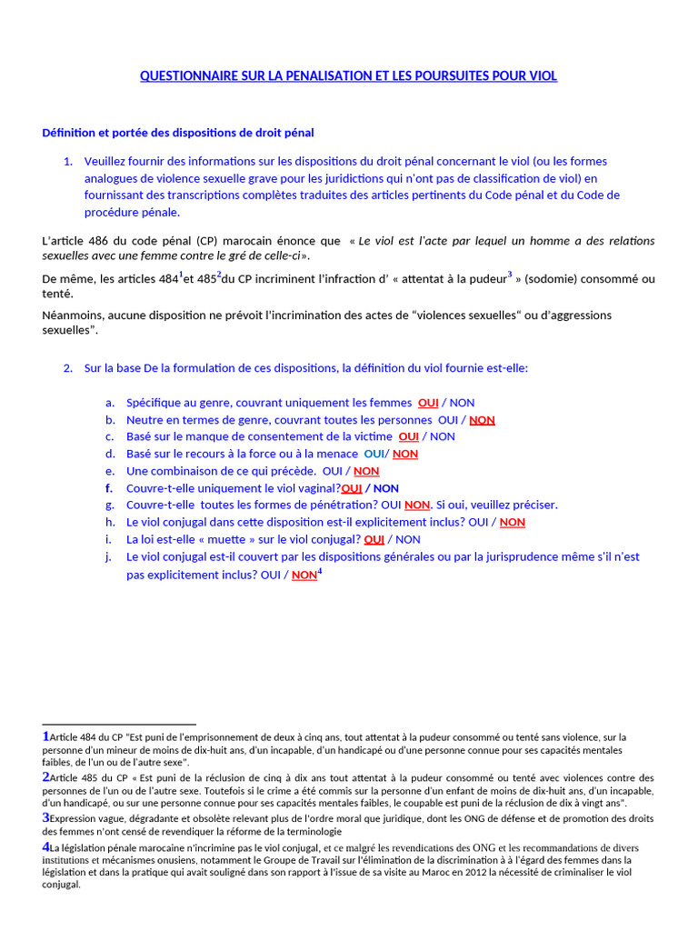 Questionnaire sur la pénalisation du viol | PDF | Viol | Cour pénale ...