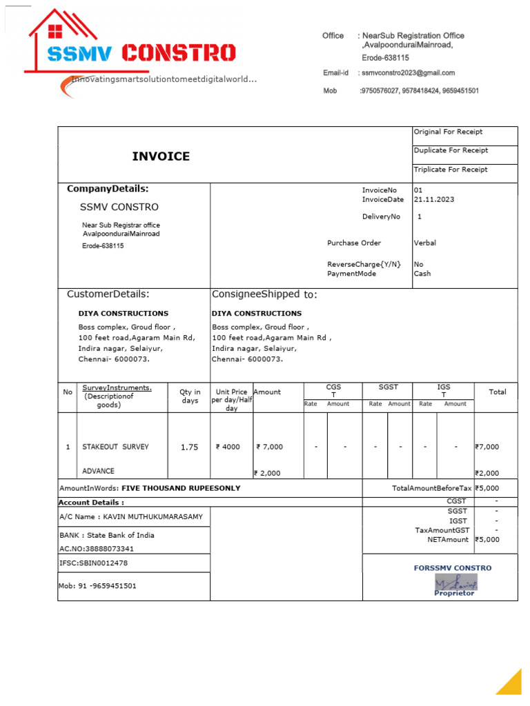Invoice for Diya Constructions, Chennai | PDF | Business Documents ...