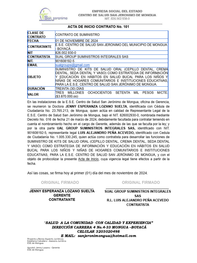 Acta de Inicio Contrato No. 101-2024 | PDF