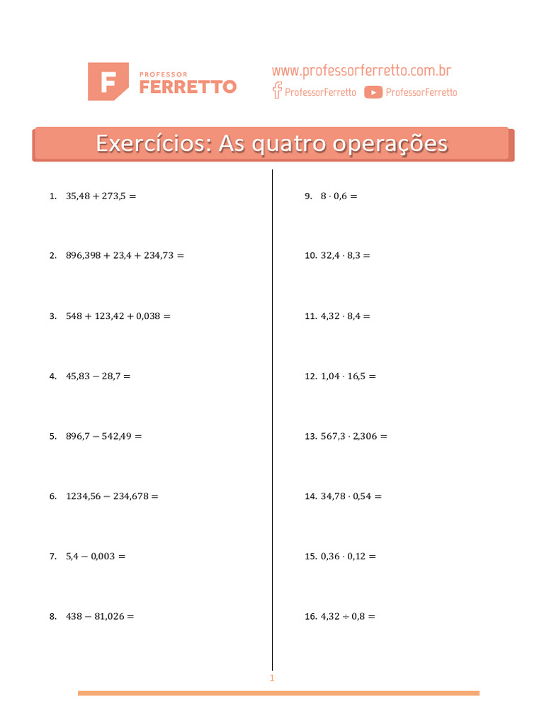 Exercícios de Matemática: 4 Operações | PDF