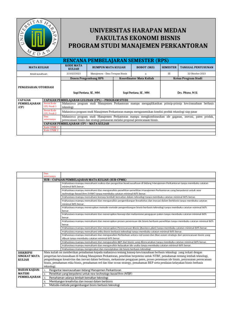 RPS Kewirausahaan Manajemen Perkantoran | PDF