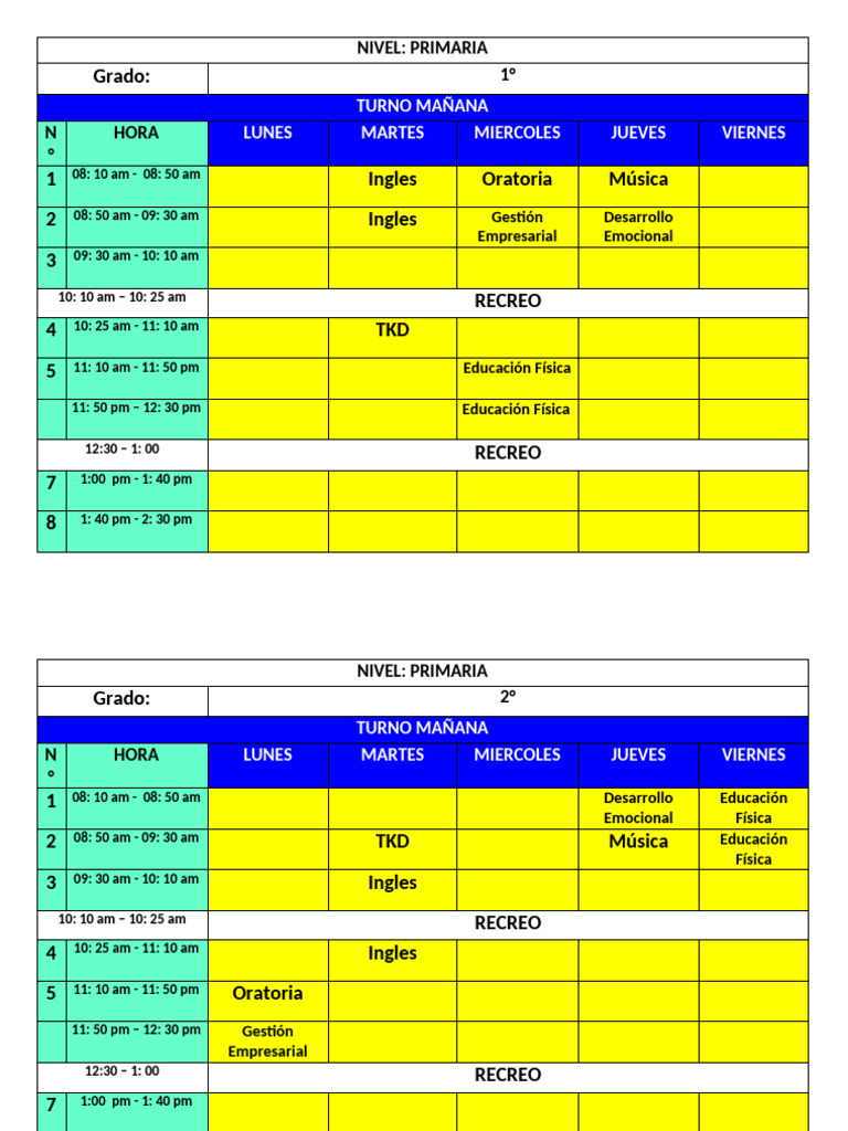 Horario de Clases Primaria 2025 | PDF