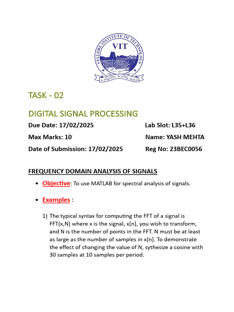 Dsp Da-02 23bec0056 Yash Mehta | PDF | Spectral Density | Phase (Waves)