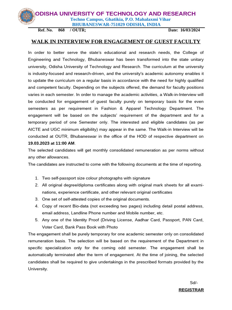 Guest Faculty Walk-In Interview Notice | PDF