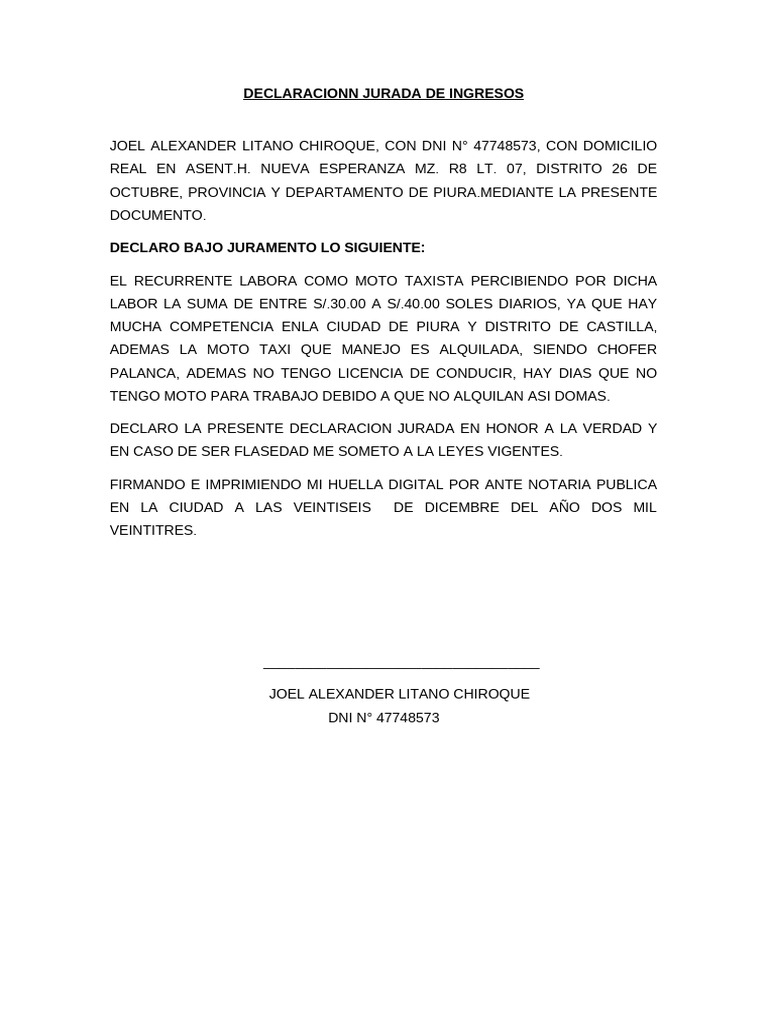 Declaración Jurada de Ingresos 2023 | PDF
