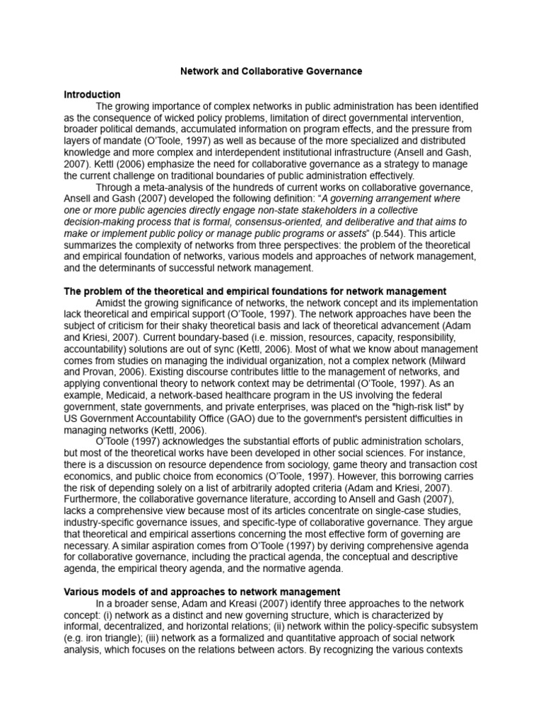 Network Governance in Public Administration | PDF | Governance | Theory
