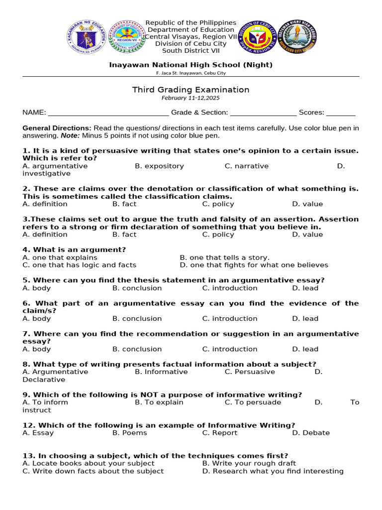 English 3RD Quarter Test For February | PDF | Essays