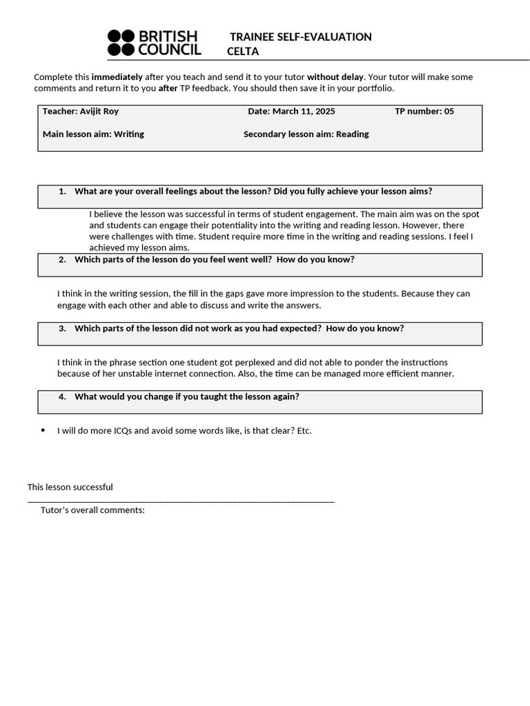 CELTA Trainee Self-Evaluation Report | PDF