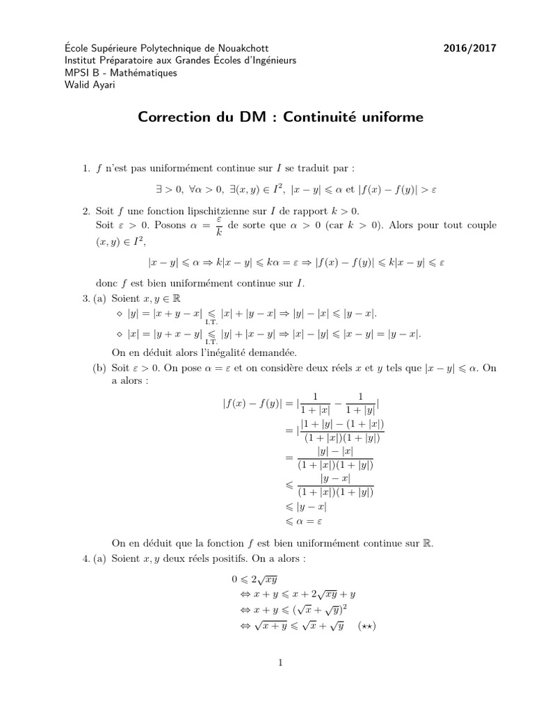 Correction DM : Continuité uniforme en maths | PDF | Concepts ...