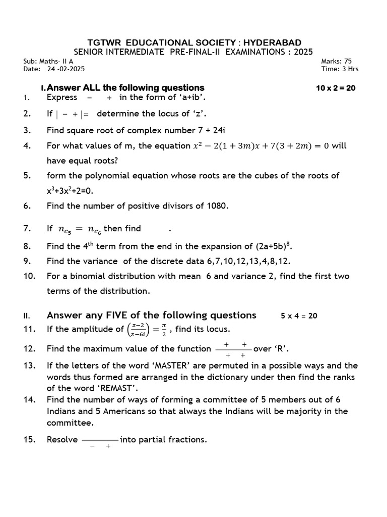 Maths - II A Pre Final - 2 2nd Year 24.02.2025 | PDF | Probability ...