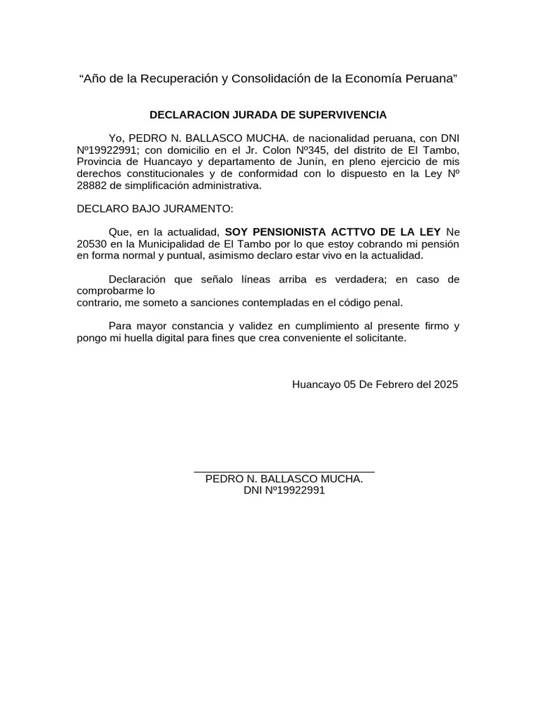 Declaración Jurada de Supervivencia 2025 | PDF