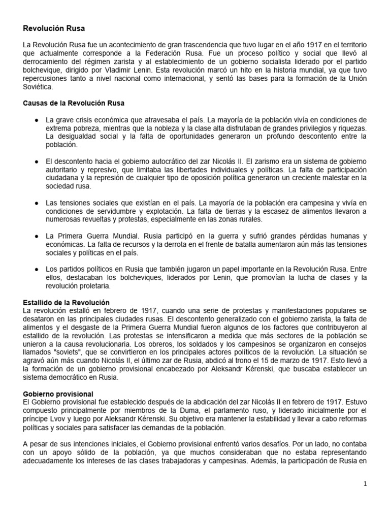 Causas y Consecuencias de la Revolución Rusa | PDF | Unión Soviética ...