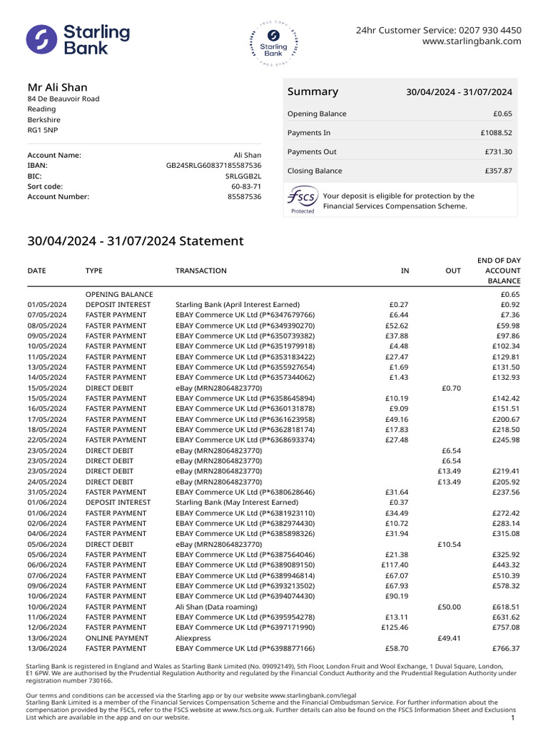 Starling Bank Account Statement Summary | PDF | Financial Technology ...