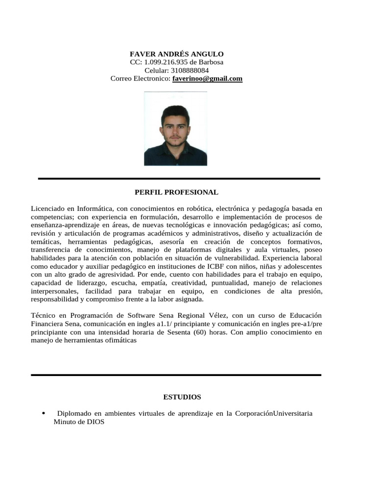 Hoja de vida docente Faver Andrés Angulo (1) (1) (3) (3) | PDF