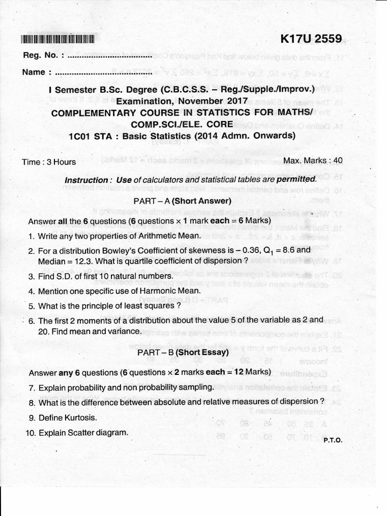 B.Sc. Statistics Exam Questions 2017 | PDF | Mean | Standard Deviation