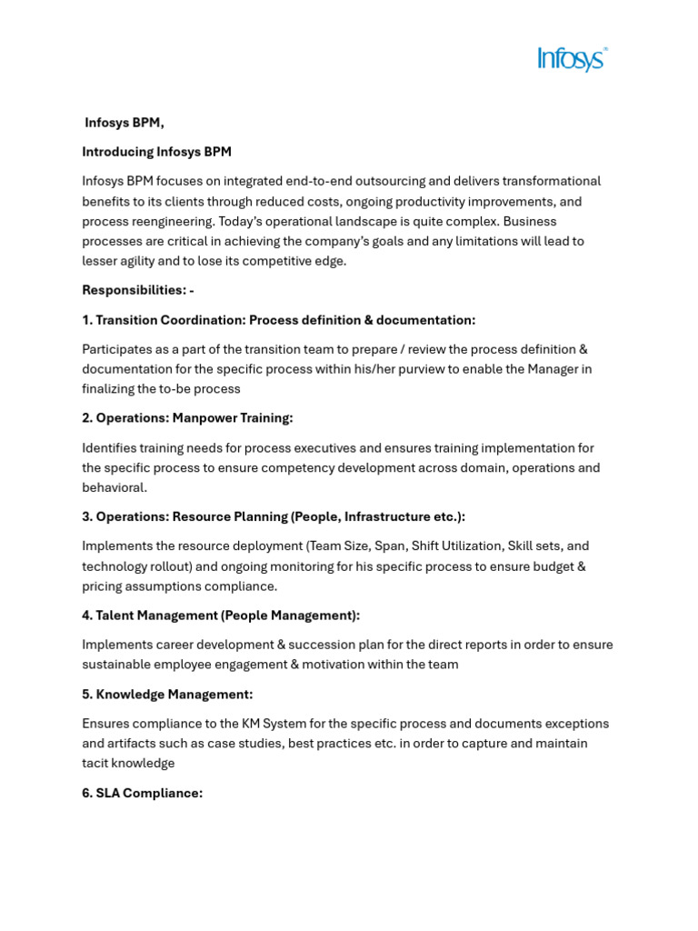 JD Operations Infosys BPM IMI New Delhi | PDF | Business Process ...
