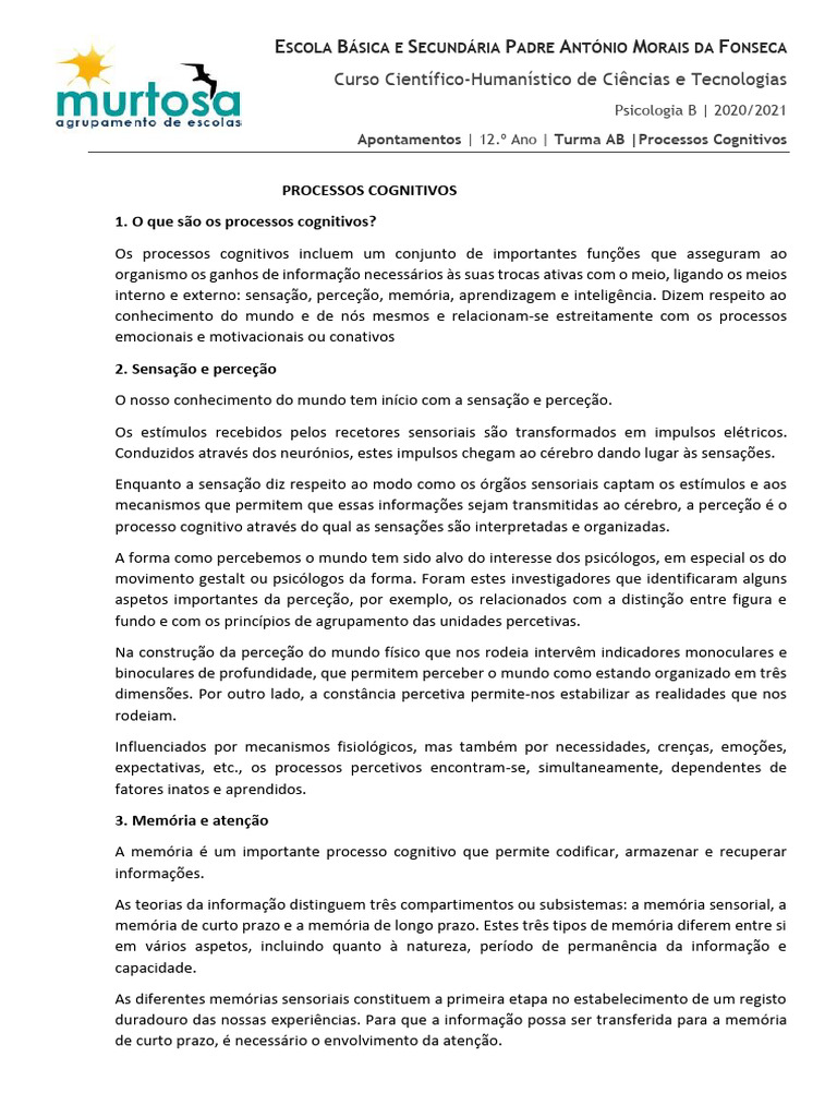 Definição de Processos Cognitivos | PDF | Aprendizado | Memória
