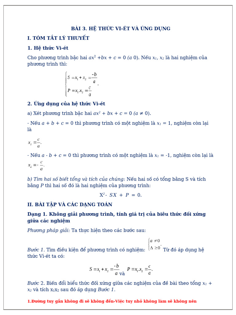 CHƯƠNG 4-CHỦ ĐỀ 3-HỆ THỨC VI-ÉT VÀ ỨNG DỤNG | PDF