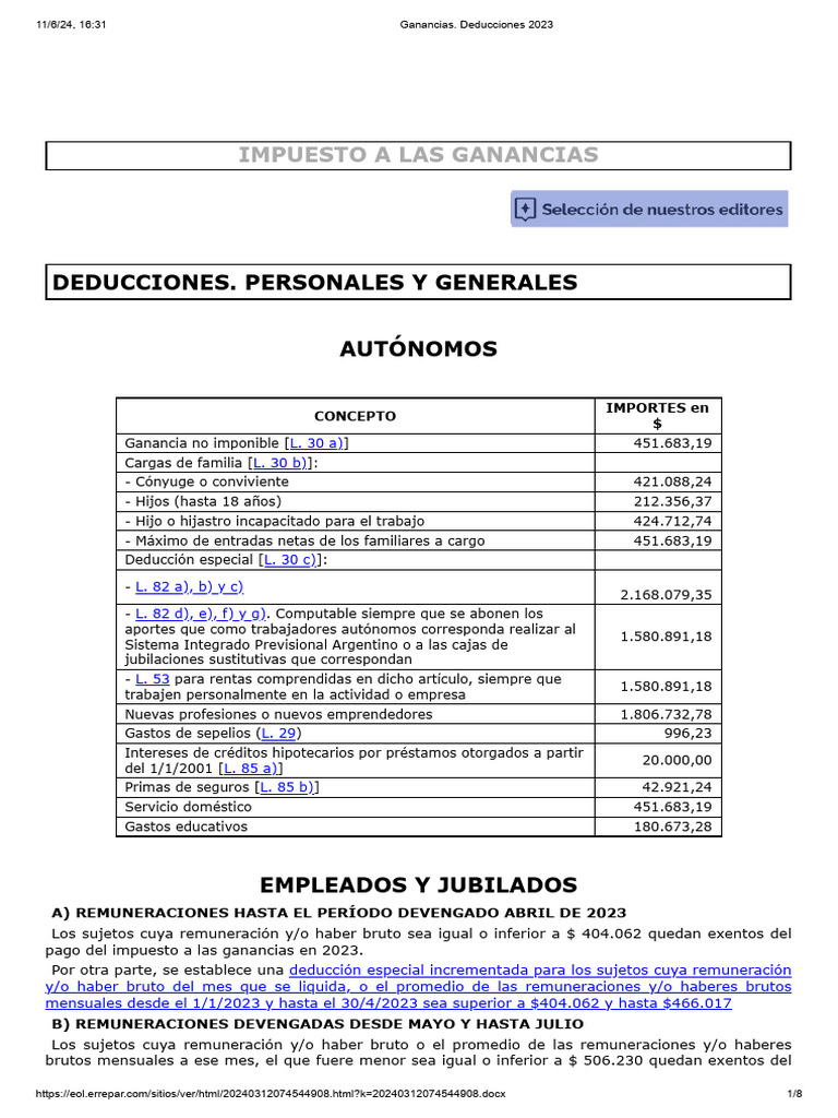 Deducciones Impuesto a las Ganancias 2023 | PDF | Impuesto sobre la ...