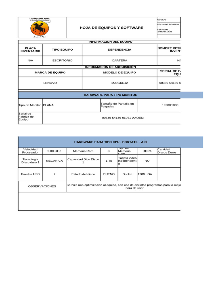 Hoja de Equipos y Software Detallada | PDF | Hardware de la computadora ...