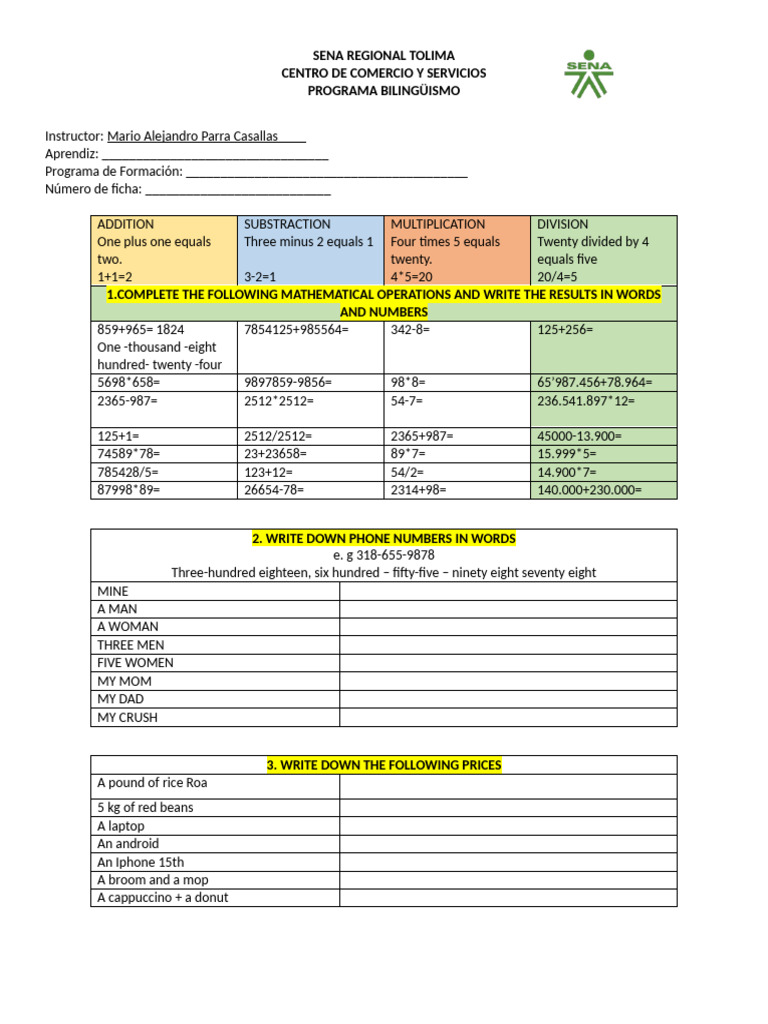 Bilingual Math and Communication Exercises | PDF