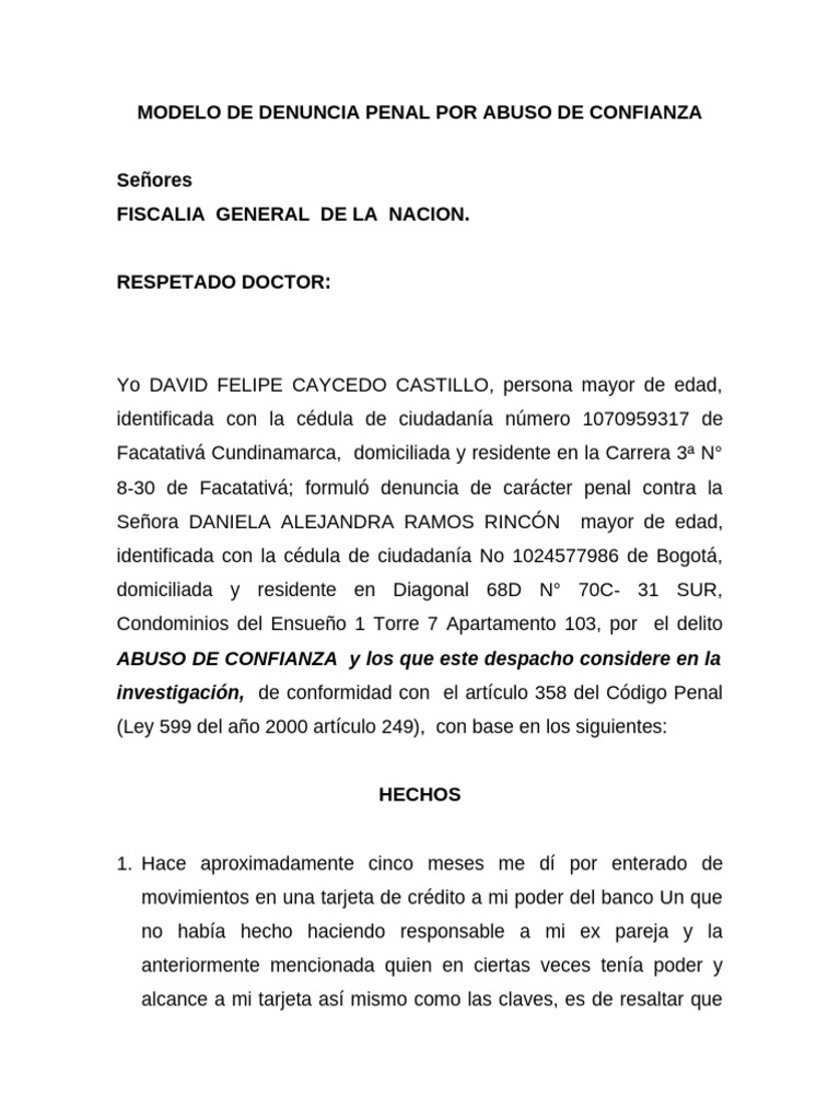 Modelo de Denuncia por Abuso de Confianza PDF