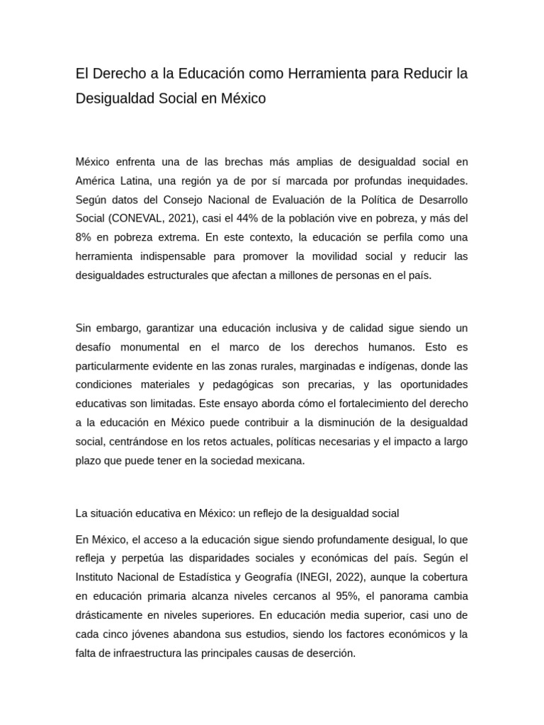 El Derecho A La Educación Como Herramienta para Reducir La Desigualdad ...