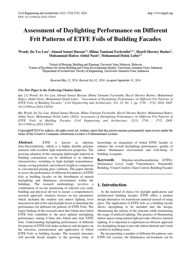 Daylighting Performance of ETFE Frit Patterns | PDF | Lighting