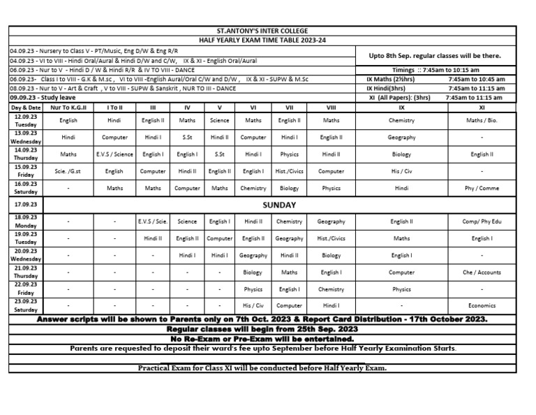 Half Yearly Exam Timetable 2023-24 | PDF | Science