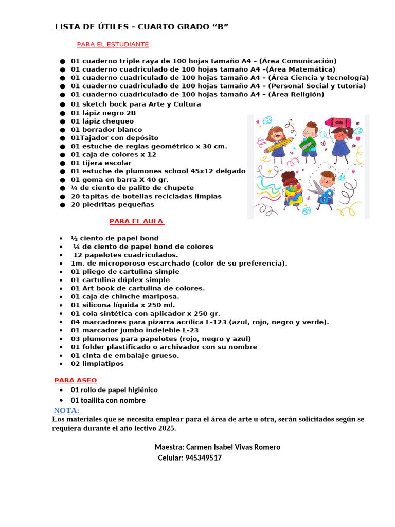 Lista de útiles cuarto grado B | PDF