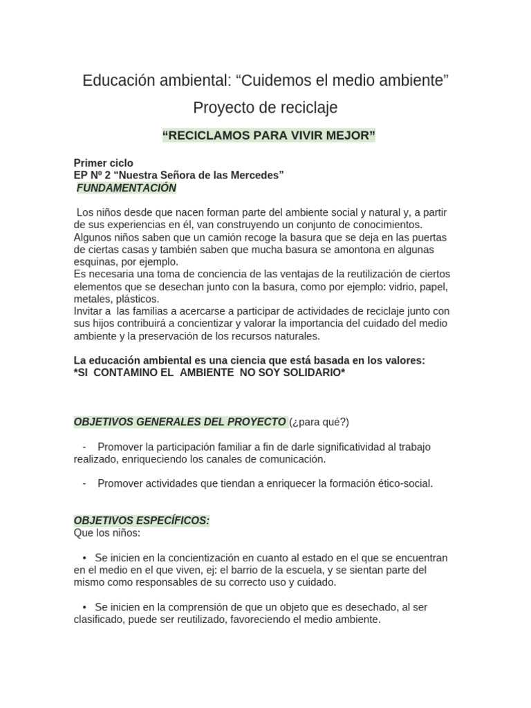 Educación ambiental proyecto reciclaje | PDF | Residuos | Reciclaje