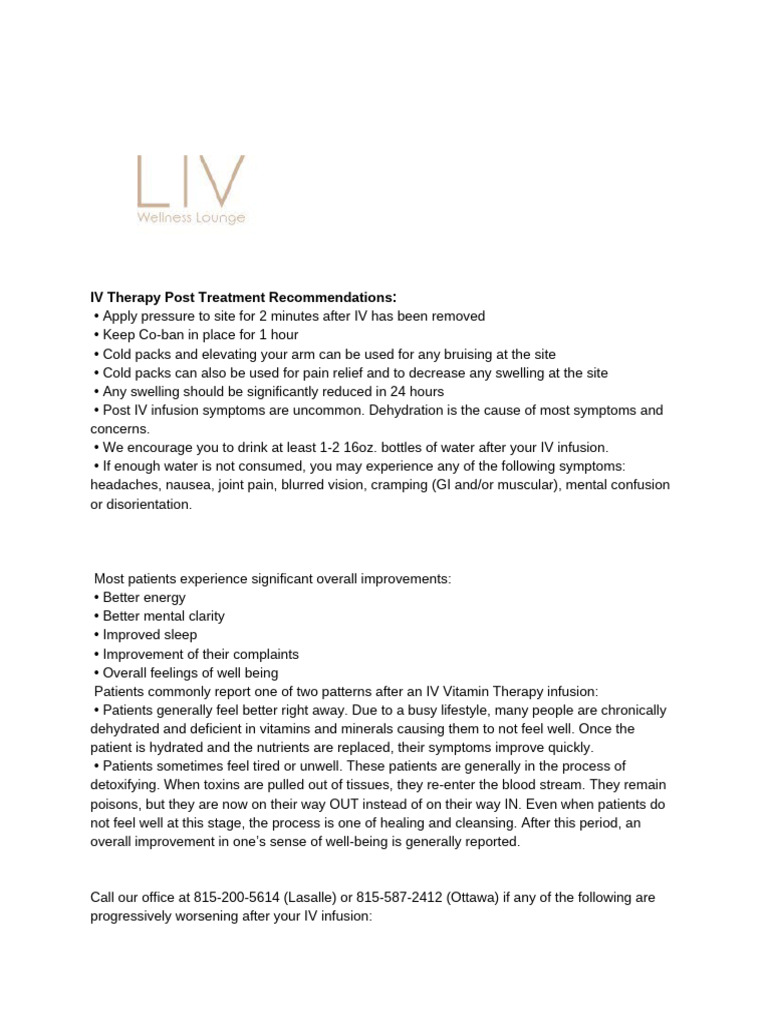 IV Therapy Post-Treatment Care Guide | PDF