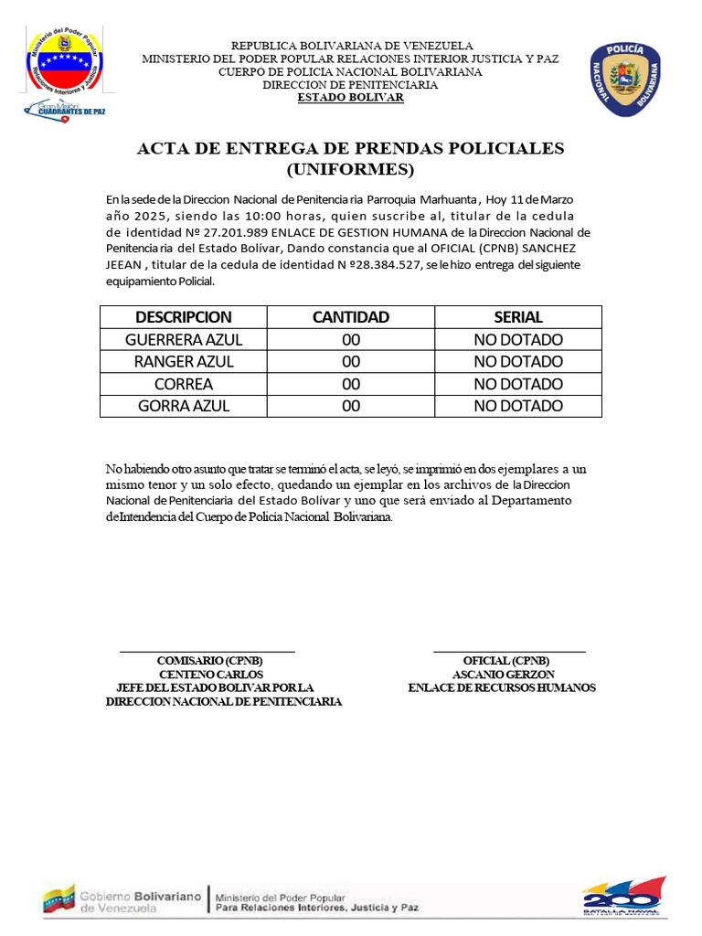 Acta de Entrega de Uniformes Policiales | PDF