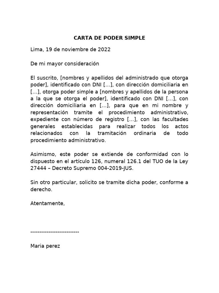 Modelo de Carta Poder Simple Perú | PDF