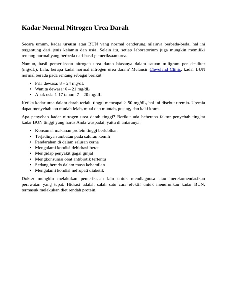Kadar Normal Nitrogen Urea Darah | PDF